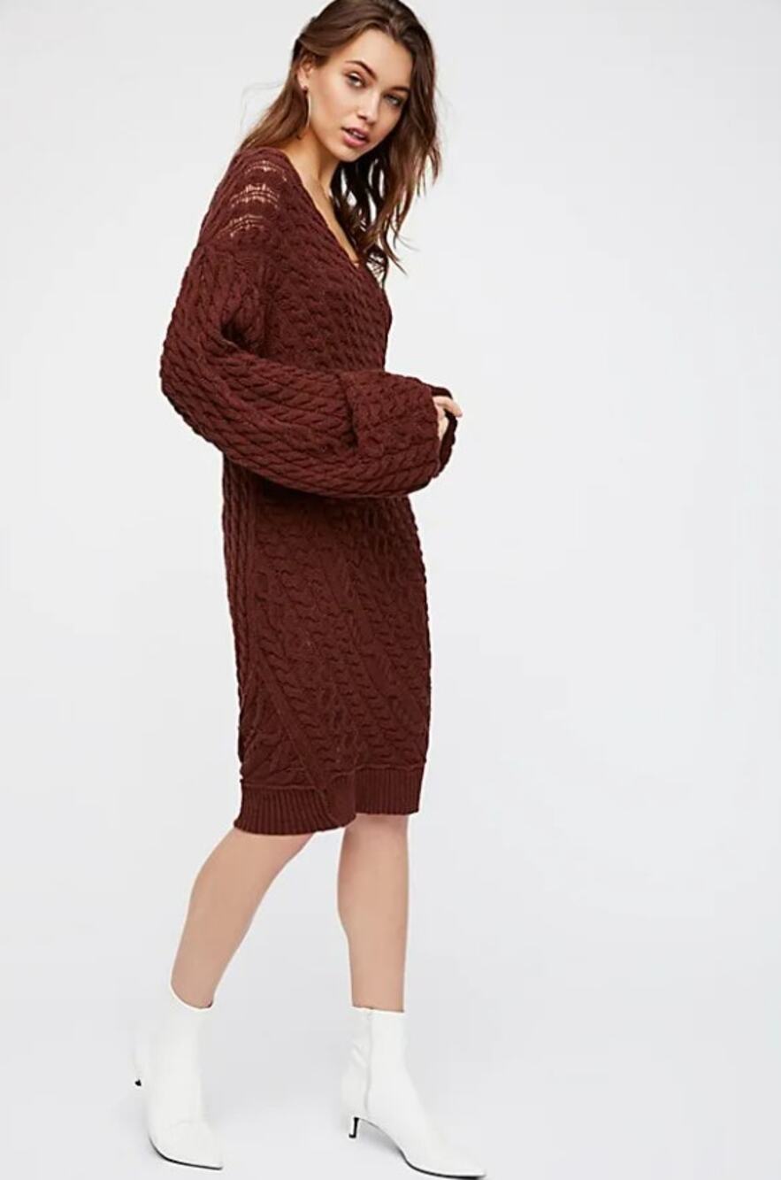 Free People Women Twisted Reality Sweater Mini Dress Slouchy Cable Knit XS Brown